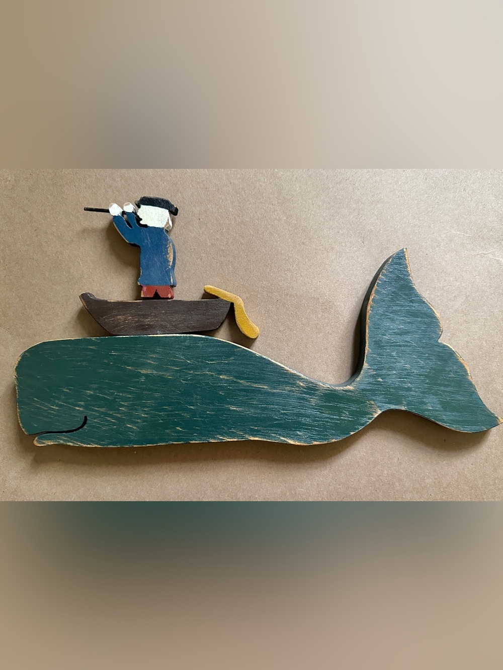 Folk Art Solid Wood Carved Distressed Whale Sailor Nautical Handmade 13”x7”